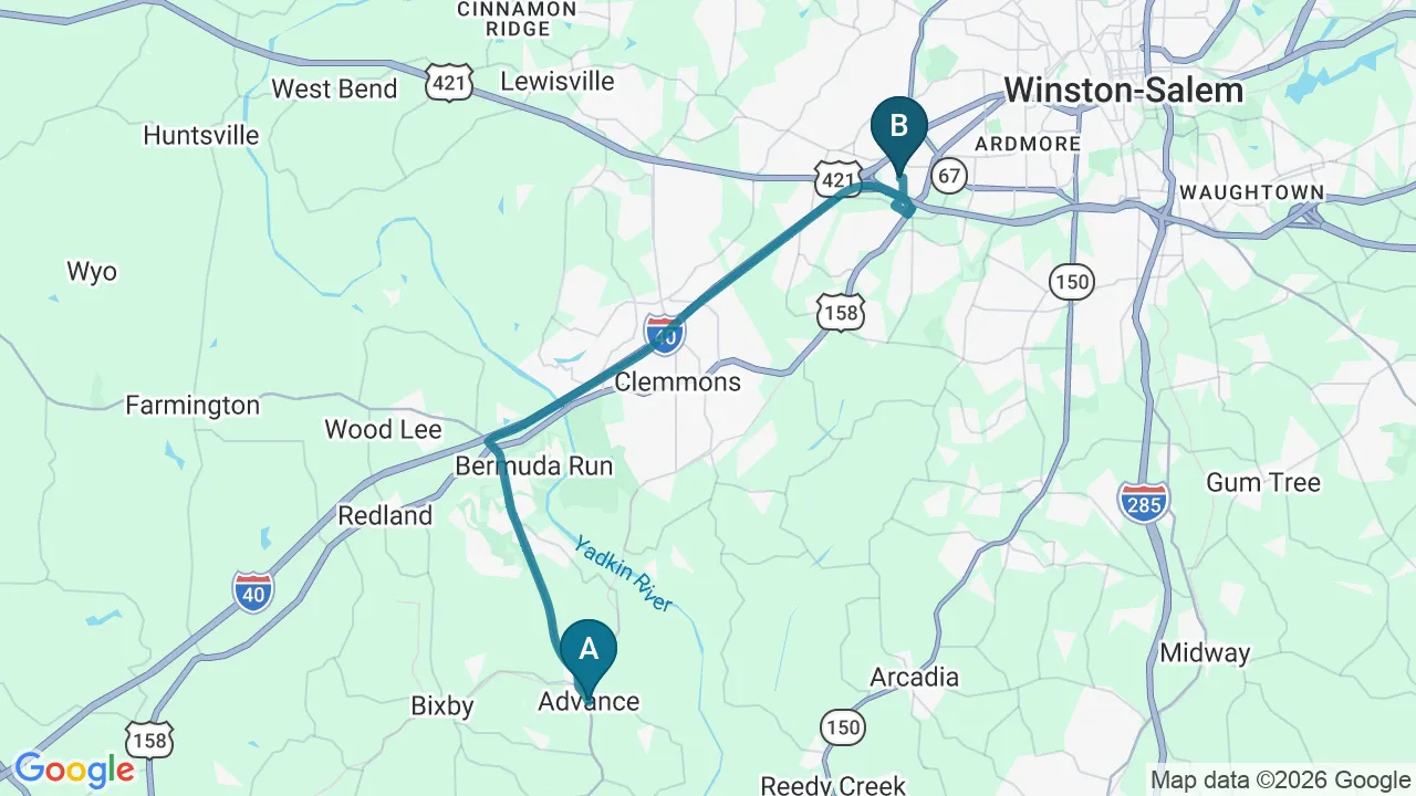 Driving directions map from Advance, NC to Locke Chiropractic & Rehabilitation Center in Winston-Salem