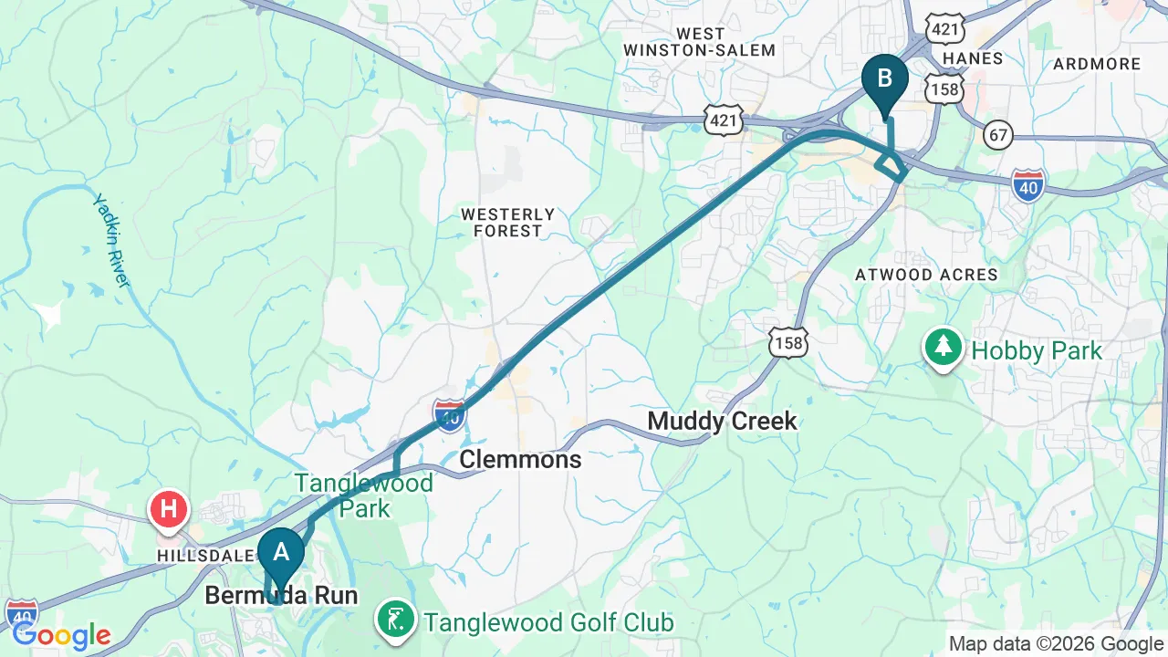 Driving directions map from Bermuda Run, NC to Locke Chiropractic & Rehabilitation Center in Winston-Salem