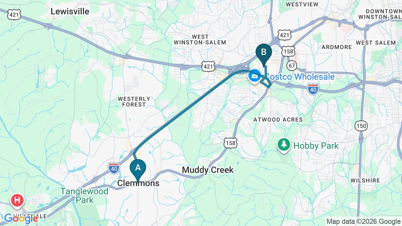 Driving directions map from Clemmons, NC to Locke Chiropractic & Rehabilitation Center in Winston-Salem