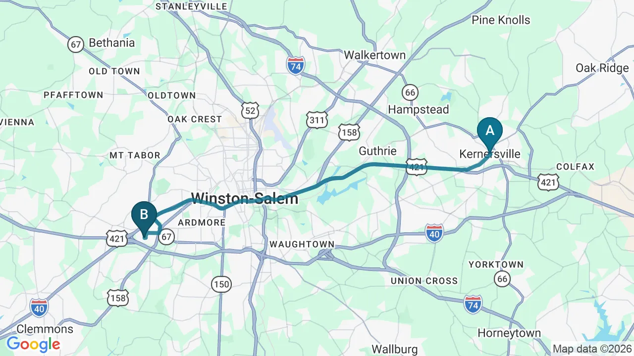 Driving directions map from Kernersville, NC to Locke Chiropractic & Rehabilitation Center in Winston-Salem