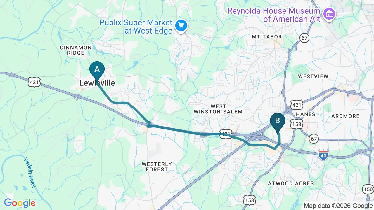 Driving directions map from Lewisville, NC to Locke Chiropractic & Rehabilitation Center in Winston-Salem