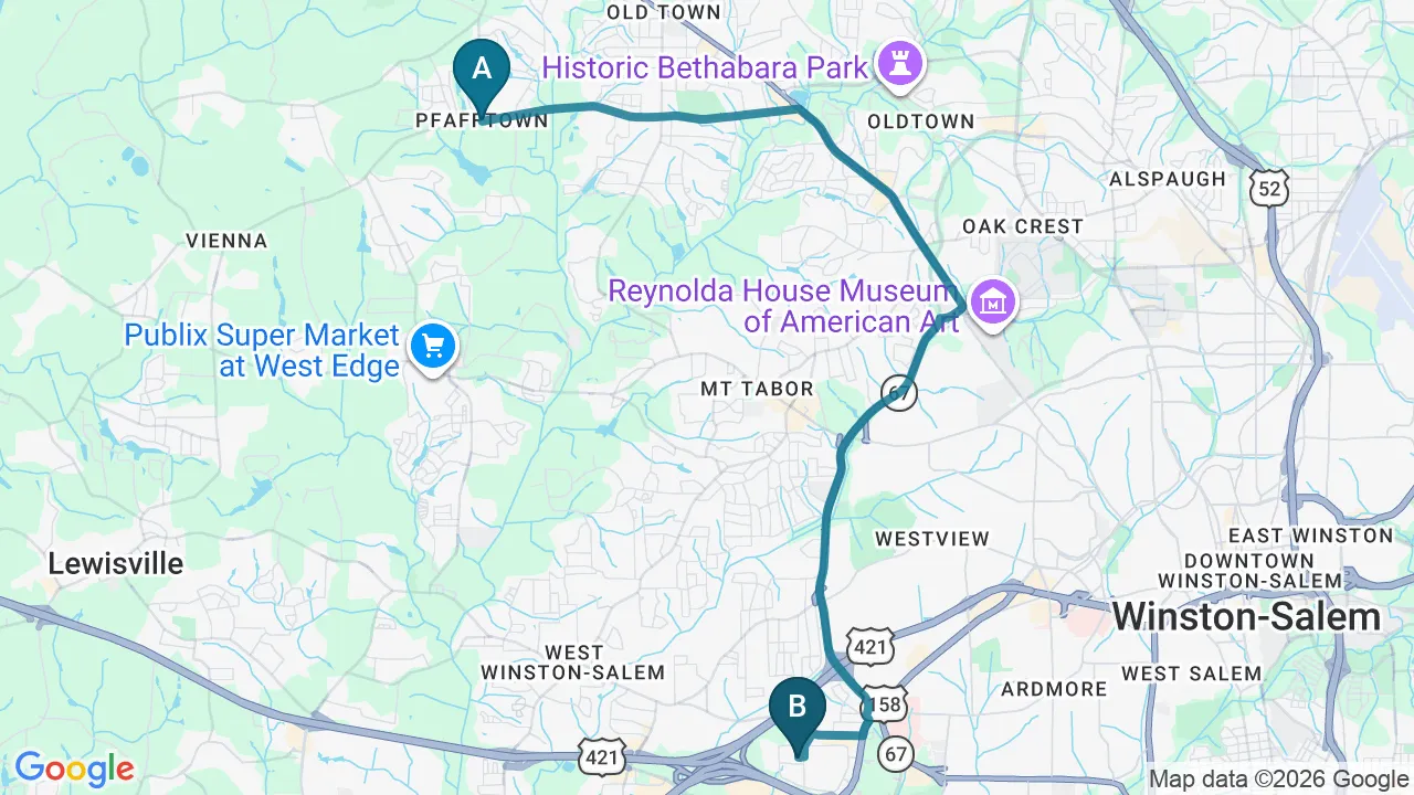 Driving directions map from Pfafftown, NC to Locke Chiropractic & Rehabilitation Center in Winston-Salem